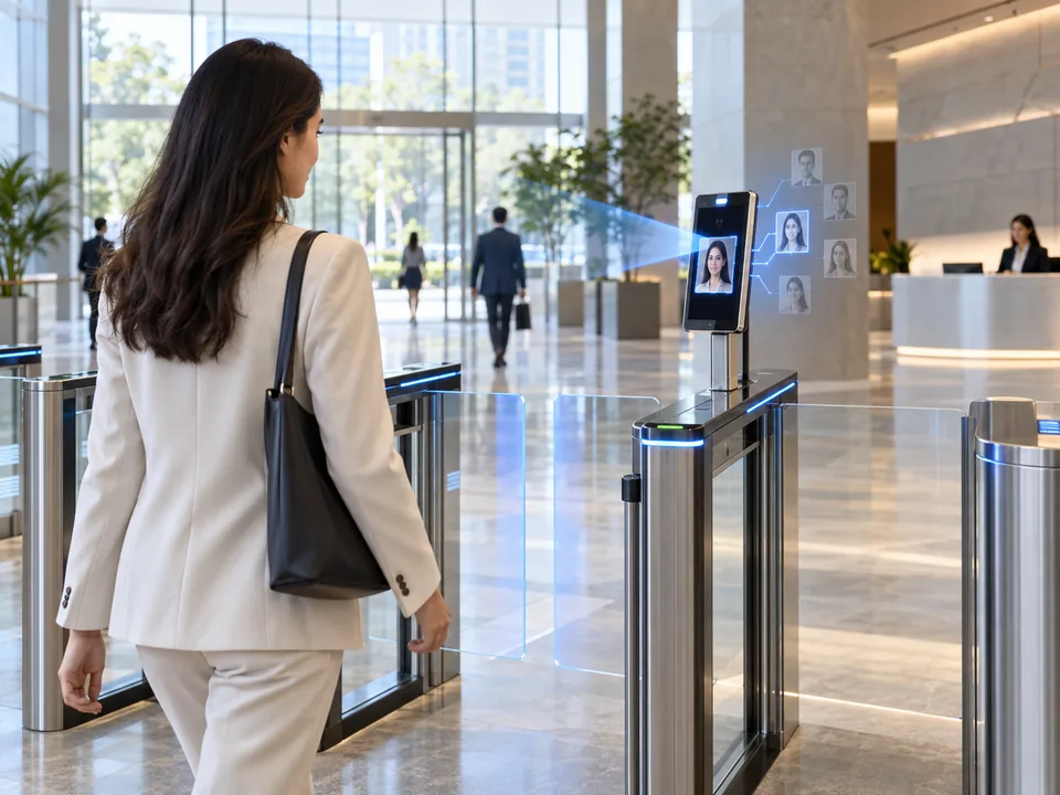 An employee passes an office access gate fitted with a face recognition terminal