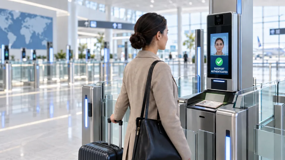 A passenger verifies her identity at an airport e-gate