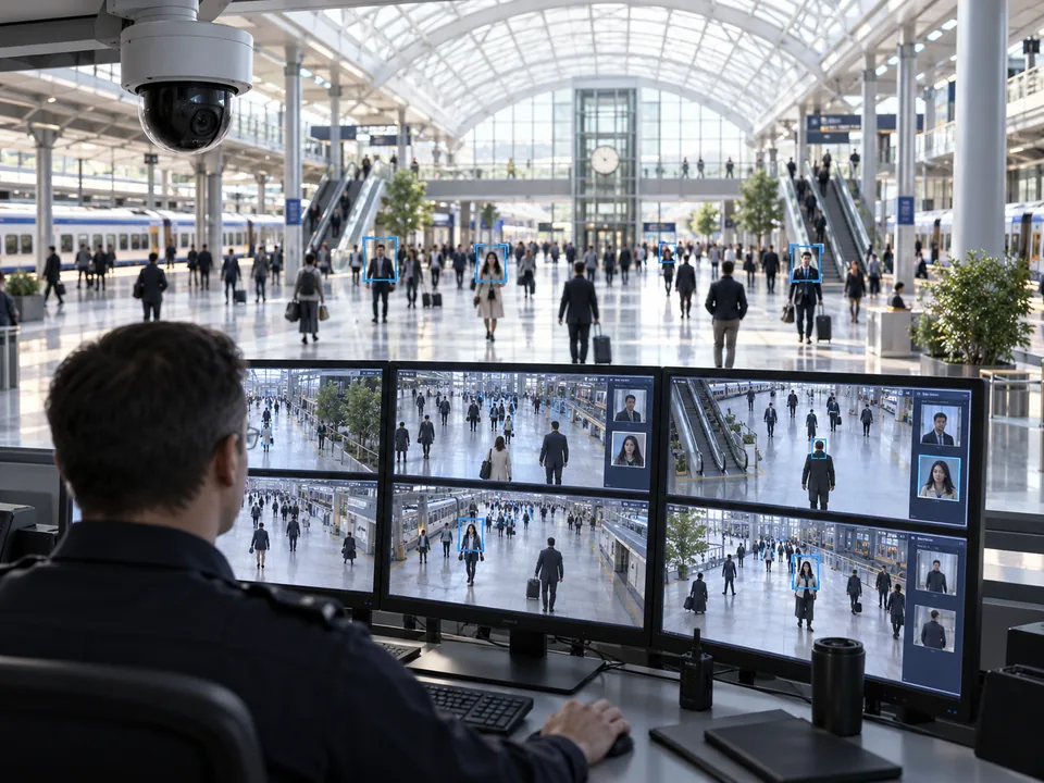 An operator reviews live camera feeds from a public concourse