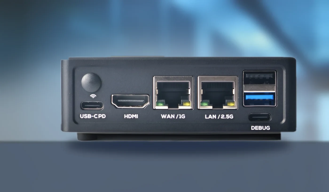 Rear panel of the ATLAS AIBOX showing its USB-C, HDMI, WAN and LAN ports