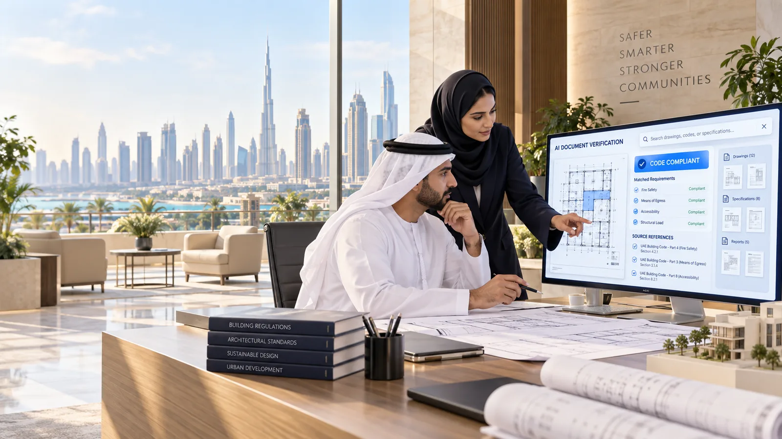 Two ministry reviewers reading an AI document verification screen beside building drawings and regulation volumes