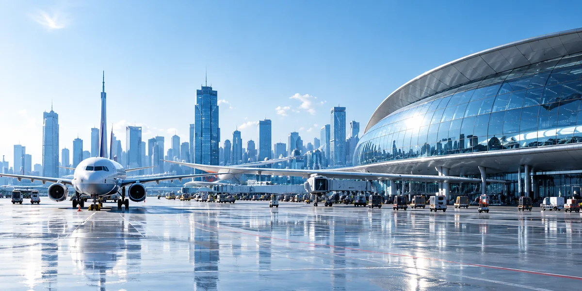 Aircraft on the apron beside a curved glass airport terminal