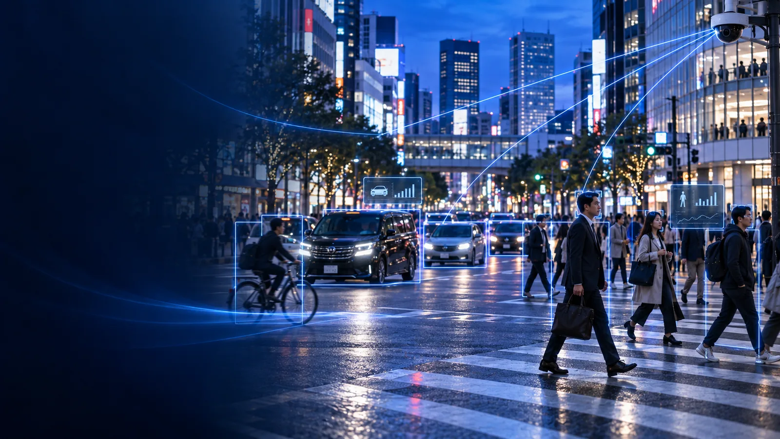 City crossing at dusk with detection boxes on pedestrians, a cyclist and vehicles