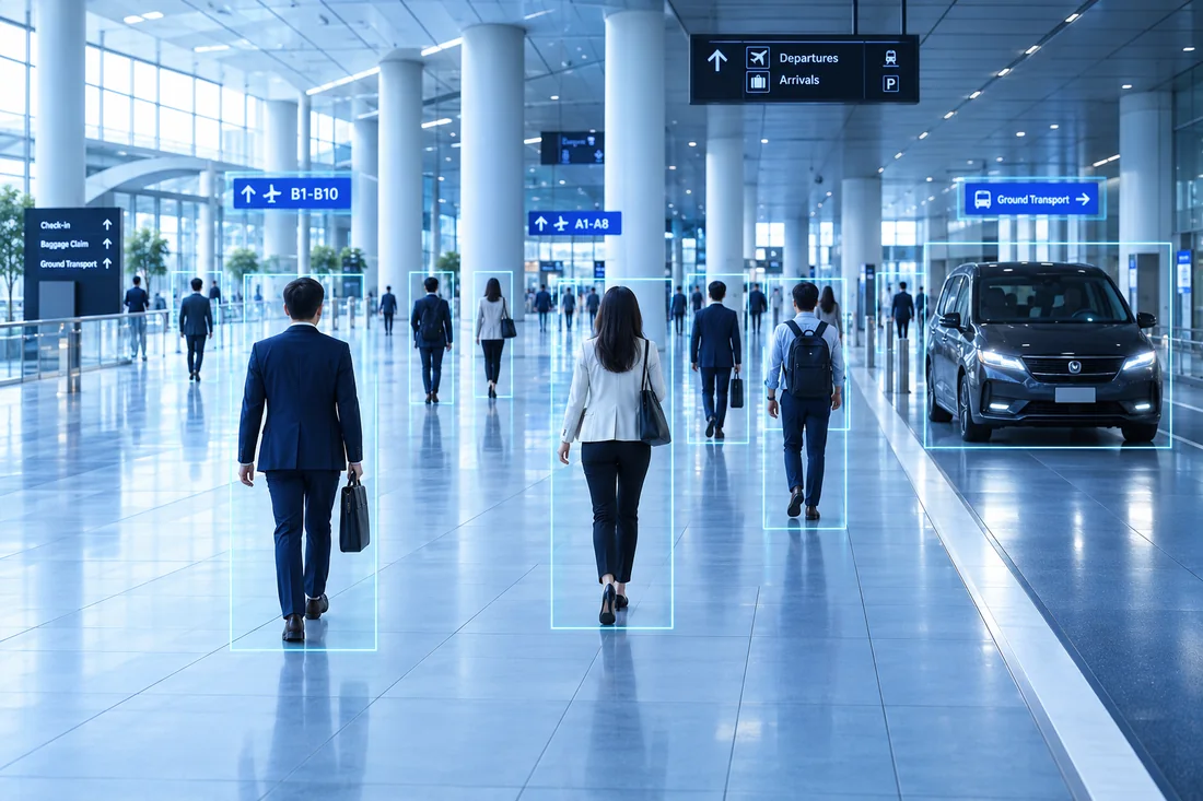 Video analytics tracking people and a vehicle across a transport concourse